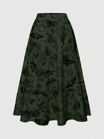 Goth Gonna plissettata da donna in stile gotico con stampa di scheletro verde e piante, stampa integrale, 3 strati