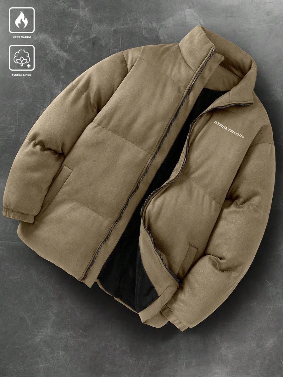 Manfinity Roghcode Men's Simple Letter Print Front Zip Long Sleeve Casual Jacket,Fall Men Clothes,Men Winter Coat,Solid Color Plus Fleece Warm Winter Coat - Brown - View 1