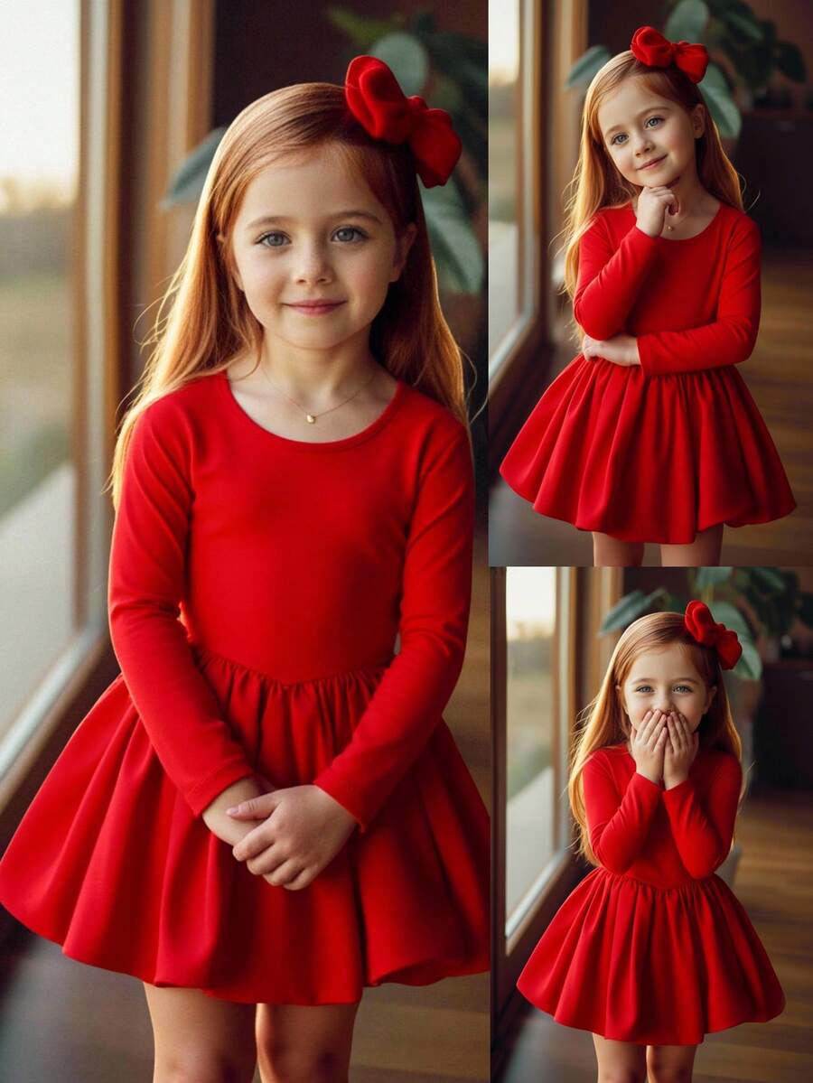 SHEIN Váy len cổ tròn chắp vá họa tiết đèn lồng cho bé gái, váy dài tay thanh lịch có quần short bên trong, phù hợp cho mùa thu đông, màu đỏ cho Giáng sinh, trang phục dự tiệc, trang phục hàng ngày đến trường, váy sinh nhật, váy công chúa, trang phục phù hợp cho mẹ và con gái và chị em gái - Đỏ - Xem 1