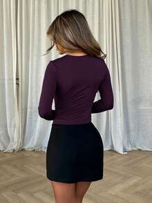 Jemour Women's Elegant Delicate Fashion Hollow Rose Metal Decor Tight Fit Long Sleeve Black T-Shirt, Autumn - Purple - View 2