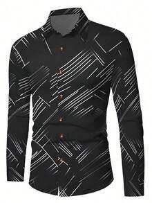 Manfinity Mode Men's Striped Long Sleeve Shirt, Black Design Shirt, Men's Designer Shirt, Geometric Print Men, Men Luxury Shirts, Fall - Black - View 3