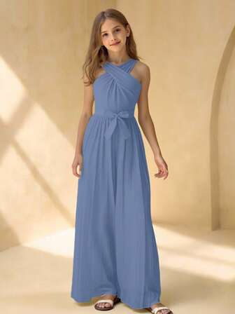 Mono elegante de fiesta para niñas con cuello redondo, sin mangas y plisado en la cintura