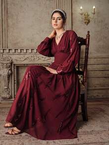 Anewsta Elegant Sequined Chiffon Long Sleeve Dress, Burgundy, High-End, Suitable For Parties, Banquets And Dates, Flattering Waistline, Long Length, For Women - Burgundy - View 2