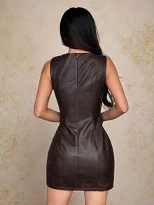 2026 New vestidos casual  Vestido mini con bandeau de PU sexy y vintage de moda para mujer, atuendo para el Día de la Madre, atuendos de verano para mujer, vestido de graduación, ropa de ver - Marrón - Ver 8