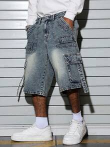 Manfinity EMRG Vintage Washed Loose Cargo Pants With Multiple Pockets, Versatile And Men's Denim Cargo Jorts - Medium Wash - View 4