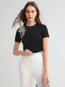 MOTF PREMIUM 女性珍珠鑲嵌裝飾t恤 - 黑色 - 查看 6