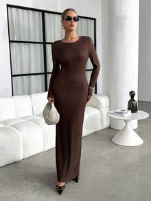 SHEIN Lavishia Women's Elegant Commuter Solid Color Twist Bodycon Dress - Brown - View 2