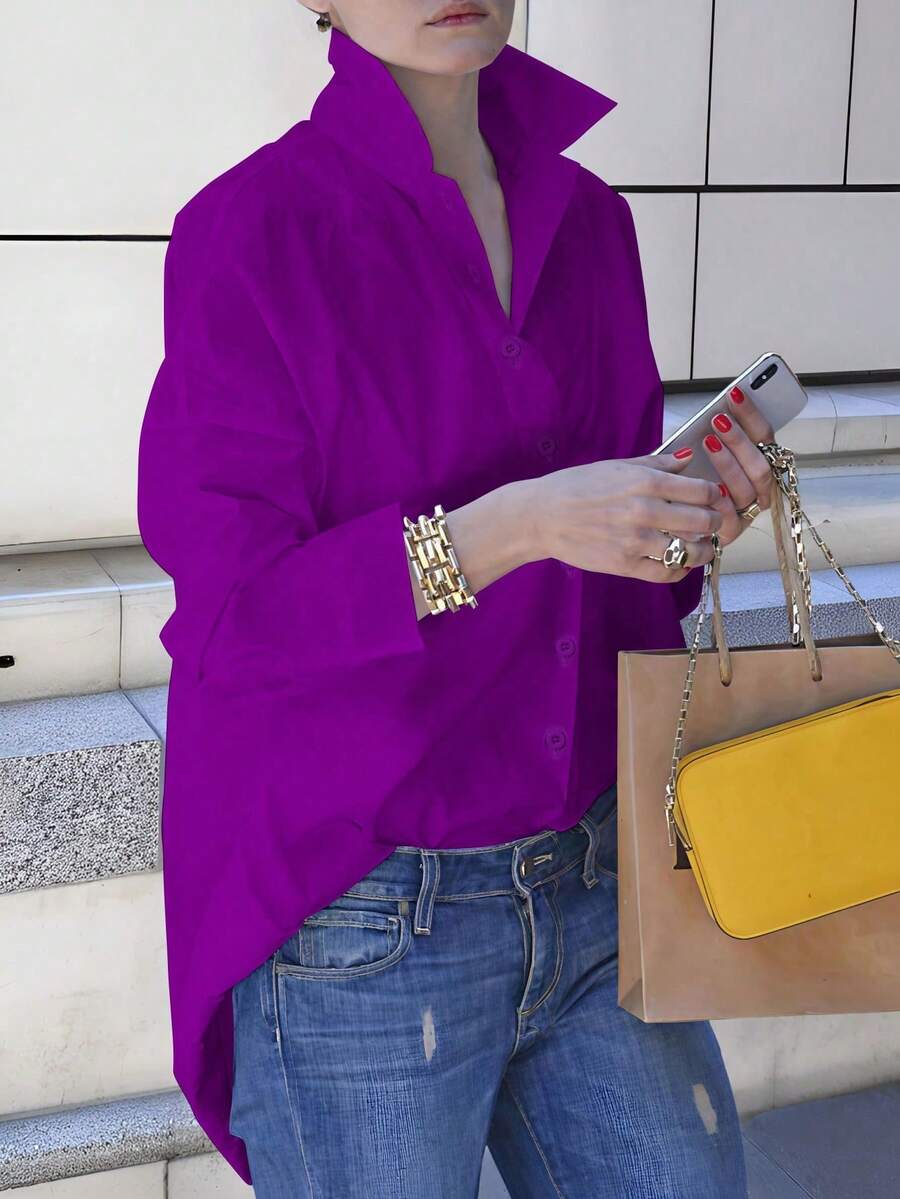 EMERY ROSE 女士纯色宽松前扣长袖休闲衬衫