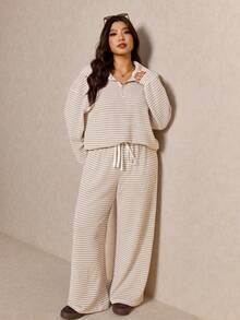 Elaquor 大码女式休闲拉链外套和裤子两件套 - 杏色 - 查看 9