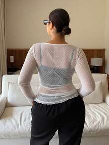 Dripcurv 大码女式波点网纱透视长袖白色上衣 春夏情人节海滩外出上衣 - 白色 - 查看 2