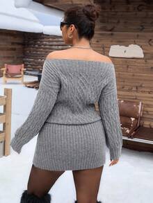 SHEIN EZwear Váy len dệt kim màu xám họa tiết hoa hở vai cỡ lớn, thu/đông - Xám - Xem 2