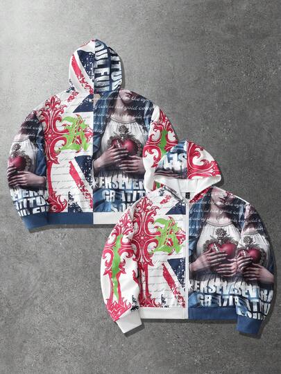 Men's Slogan Print Zip Front Religious Character Casual Hoodie Sweatshirt