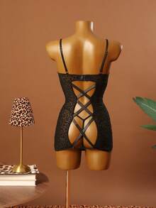 2pcs Sexy Flocked Leopard Print Criss-Cross Backless Bow Tie Super Short Dress Set - Black - View 7