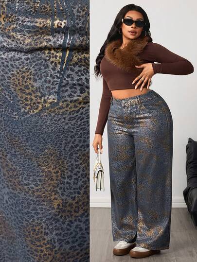 Slaydiva Plus Size Women Leopard Print High Waist Wide Leg Loose Casual Jeans