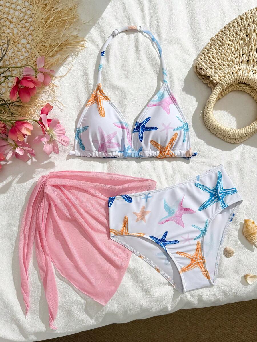 SHEIN 女童可爱碎花三角比基尼泳衣套装（图案随机）带裙比基尼套装 女童比基尼套装 海星印花比基尼套装 带纱笼裙 多层腰部泳衣三件套 带纱笼裙比基尼套装 带纱笼裙系腰海星比基尼 适合少女的带裙海星比基尼 少女海星比基尼 夏季假期保暖圣诞节节日新年情人节泳装两件套 少女印花泳衣 端庄比基尼套装 女童沙滩套装 女童泳装套装