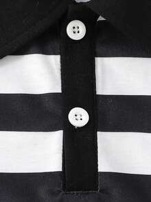 SHEIN Casuvi Kids Boys' Casual Fashion Little Horse Print Ribbed Collar Short Sleeve Polo Shirt Polo Shirt For Kids Striped Shirt Kids Striped Polo Shirt - Black and White - View 5