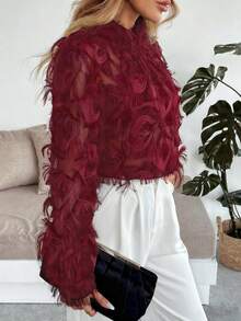 Rafferiza Women's Fashionable Black Fluffy Long Sleeve Shirt - Burgundy - View 4