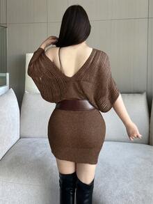 Vibekara 优雅简约V领镂空针织修身毛衣连衣裙 - 棕色 - 查看 2