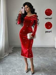 Elenzga Off Shoulder Faux Pearl Decor Waist-Flattering Versatile Elegant Long Dress For Parties, Gatherings, Birthdays, Autumn/Winter - Red - View 4