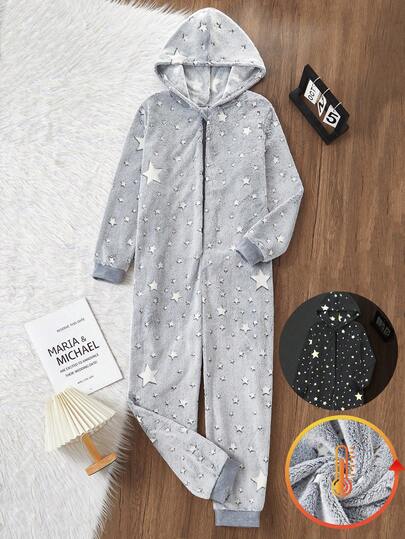 Teen Boys Pajamas-Hooded  Zip Front Long Sleeve Full Length Pants Starry Sky Print Gray Thick Warm Autumn Winter 2026 New Year Essential Luminous Effect Boys Lounge Set  Pajama Jumpsuit