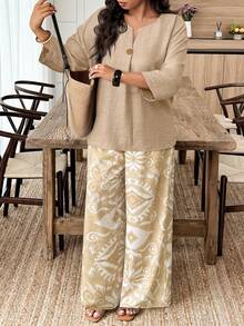 EMERY ROSE Bộ 2 món cỡ lớn: Áo sơ mi trơn màu & Quần ống rộng, Trang phục đi nghỉ thường ngày - Nhiều màu - Xem 3