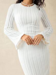 SHEIN Elegant White Silky Maternity Solid Color Bell Sleeve Dress,Autumn Pregnancy Clothes For Photoshoot,Holiday Wedding Guest New Year Winter Dress - White - View 7