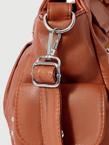 ROMWE Fairycore Túi xách đeo vai bằng da PU đính đinh tán thời trang, phong cách cho công sở. - màu nâu - Xem 6