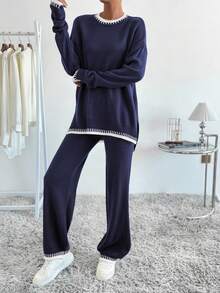 SHEIN LUNE 2pcs Women Casual Contrast Color Ribbed Hem Split Sweater And Pants Set, Autumn/Winter - Multicolor - View 6
