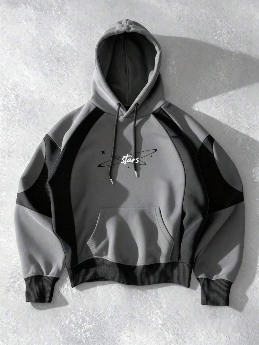 Manfinity EMRG 男士字母印花撞色休闲套头连帽衫 - 彩色 - 查看 1