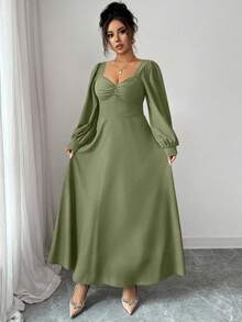 Elenzga 女士优雅方领泡泡袖收腰长款连衣裙，适合日常通勤 - 綠色 - 查看 4