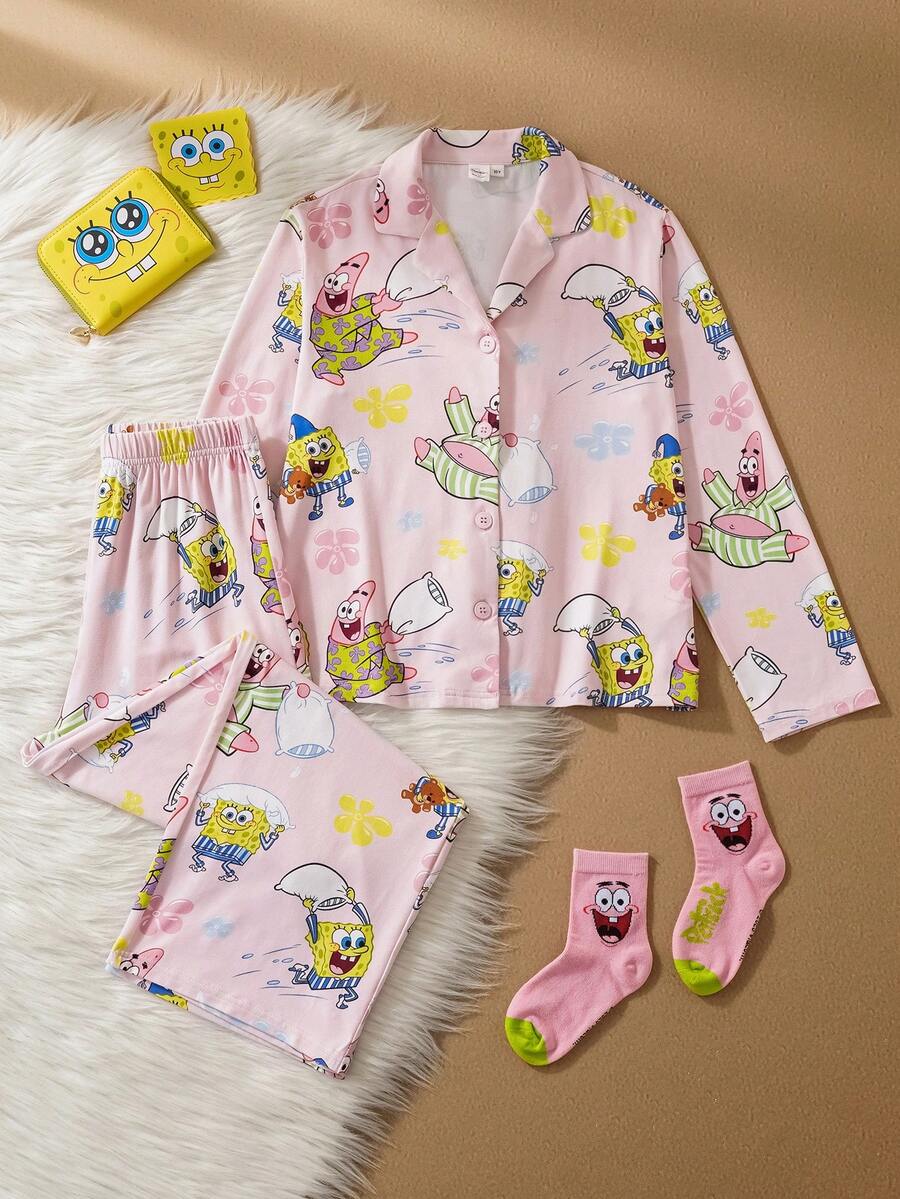 SpongeBob SquarePants | SHEIN Tween Girl Cartoon & Floral Print Lapel Front Open Loose Fit Long Sleeve Top And Pants Autumn/Winter Flame Retardant Pajama Set - Pink - View 1