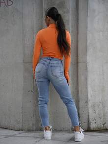 SAYEHFBABY Casual Basic Zip Collar V-Neck Long Sleeve Tight Fit Stretchy Jacket Top For Women, Autumn/Winter,Fall - Orange - View 2