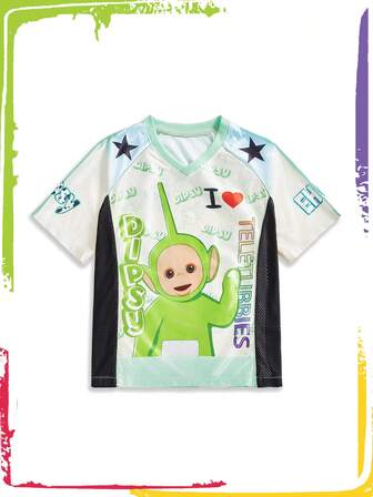 Teletubbies X ROMWE Camiseta holgada de verano para mujer con cuello en V, patrón de color block y diseño suelto