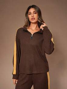SHEIN 女士休闲撞色拼接半拉链领长袖上衣和阔腿裤家居服套装，冬季服装 - 咖啡棕 - 查看 7