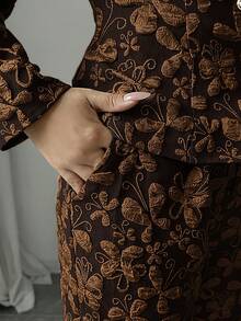 Elenzga 女士提花长袖衬衫，V领，优雅修身套装 - 巧克力棕 - 查看 5