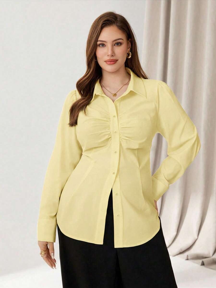 Auralis Plus Size Ruched Front Button Long Sleeve Shirt,Office Lady Elegant Yellow Autumn Everyday Blouse,Versatile Basic Spring Women Blouse For Work - Yellow - View 1