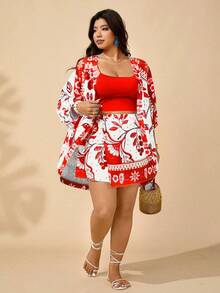 SHEIN Clasi 大码女装夏季畅销款中式彩色花卉复古印花长袖开衫，搭配蓝色针织抹胸上衣和松紧腰宽松短裤，春夏休闲两件套 - 彩色 - 查看 8