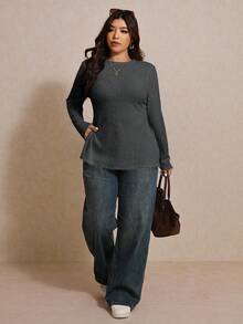 Elaquor Plus Size Women's Solid Color Round Neck Casual Side Slit Long Sleeve T-Shirt For Spring - Dark Grey - View 4