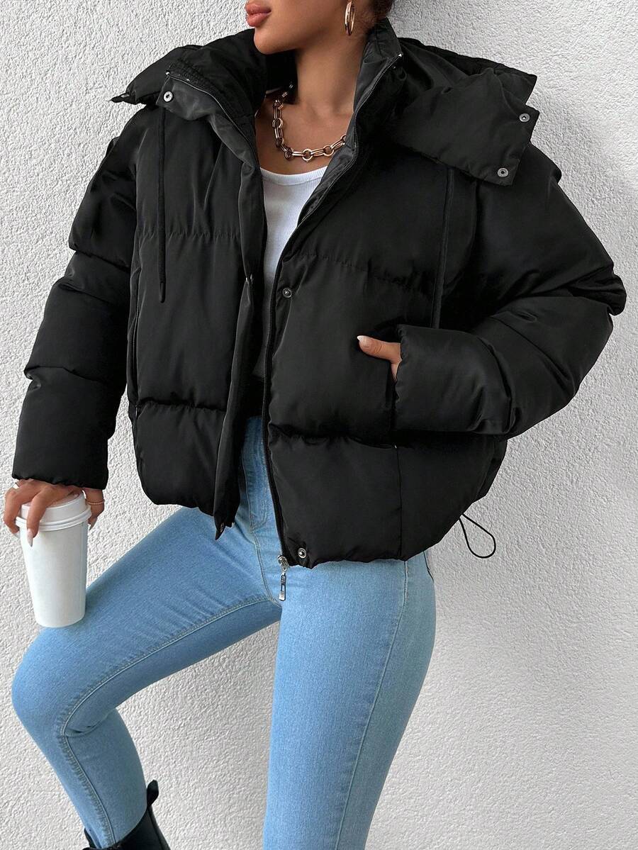 EURMUSE Solid Color Hooded Padded Jacket With Side Pockets And Drawstring Hem - Black - View 1