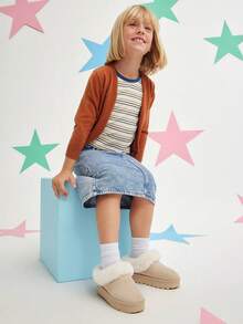 Mini mi #CozySteps Kids' Fabric Suede Beige Platform Clogs With Plush Fur Collar – Warm & Snug Style For Everyday Adventures - Beige - View 6