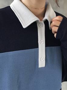 FRIFUL Đầm nữ phối màu cổ polo tay dài vai rớt dáng suông rộng rãi, thoải mái, đa năng cho mùa thu/đông. - Màu xanh lam - Xem 4