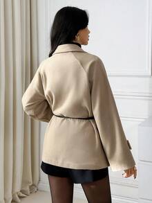 EURMUSE Women's Camel Wool-Blend Belted Coat – Oversized Lapel, Drop Shoulder, Elegant Relaxed Fit Short Trench Outerwear - Camel - View 3