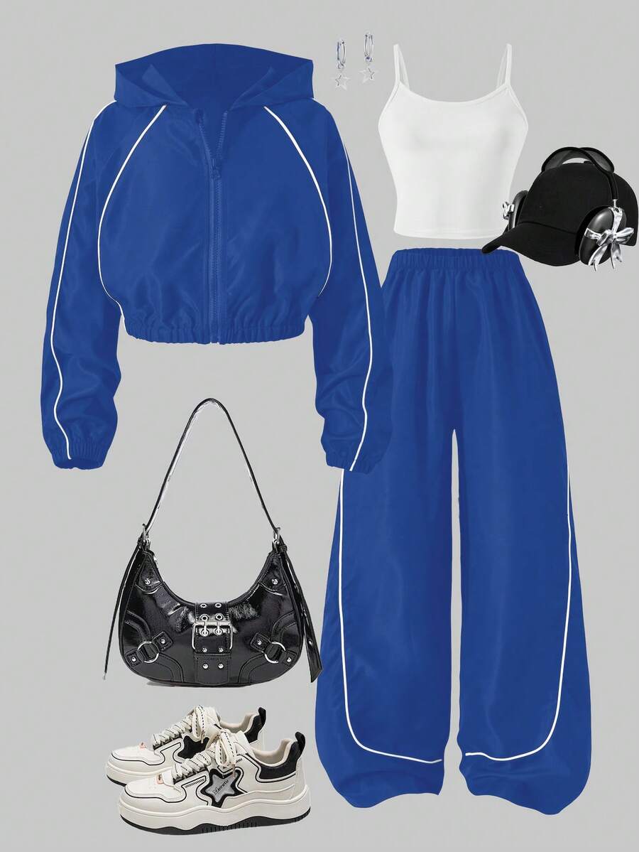 Sparklyn 三件套少女休闲套装，包括：带帽拉链短外套（罗纹边饰）、白色吊带背心和阔腿裤，秋季套装 - 藍色 - 查看 1