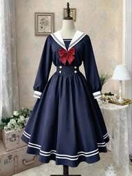 Sweetra Plus Size Casual Dress, Waist Cinched A-Line Colorblock Long Sleeve Dress, Suitable For Back To School Season Modest Lolita Dress