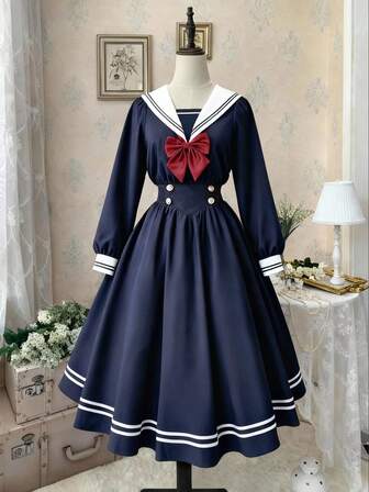 Sweetra Plus Size Casual Dress, Waist Cinched A-Line Colorblock Long Sleeve Dress, Suitable For Back To School Season Modest Lolita Dress