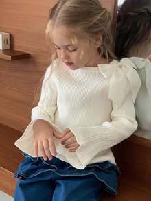 DAZY Young Girls Round Neck Bow Knit Sweater, Korean Style Fresh And Cute