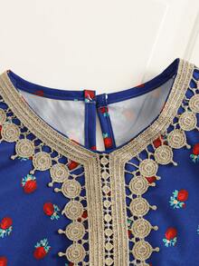 Middle Eastern Style Gold Lace Trim Loose Long Sleeve Dress,Blue Floral,Summer,Boho,Birthday - Blue - View 3