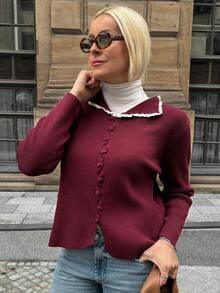 Vivie Lora Women's Loose Fit Collared Color Block Ruffle Trim Casual Cardigan Sweater - Burgundy - View 1