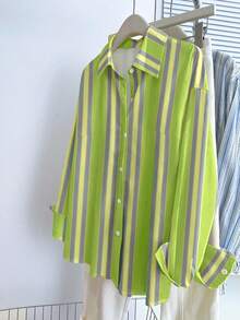 INAWLY Women's Green Stripe Striped Fashionable Polo Collar Long Sleeve Casual Preppy Shirt Top, Autumn Cloth For Women School Teacher - Multicolor - View 3