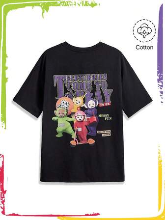 Teletubbies X ROMWE Women Summer Casual Cute Cartoon And Letter Graphic Drop Shoulder Oversized Black T-Shirt